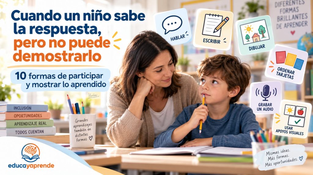 Niño mostrando lo aprendido de diferentes maneras con apoyo de su docente.